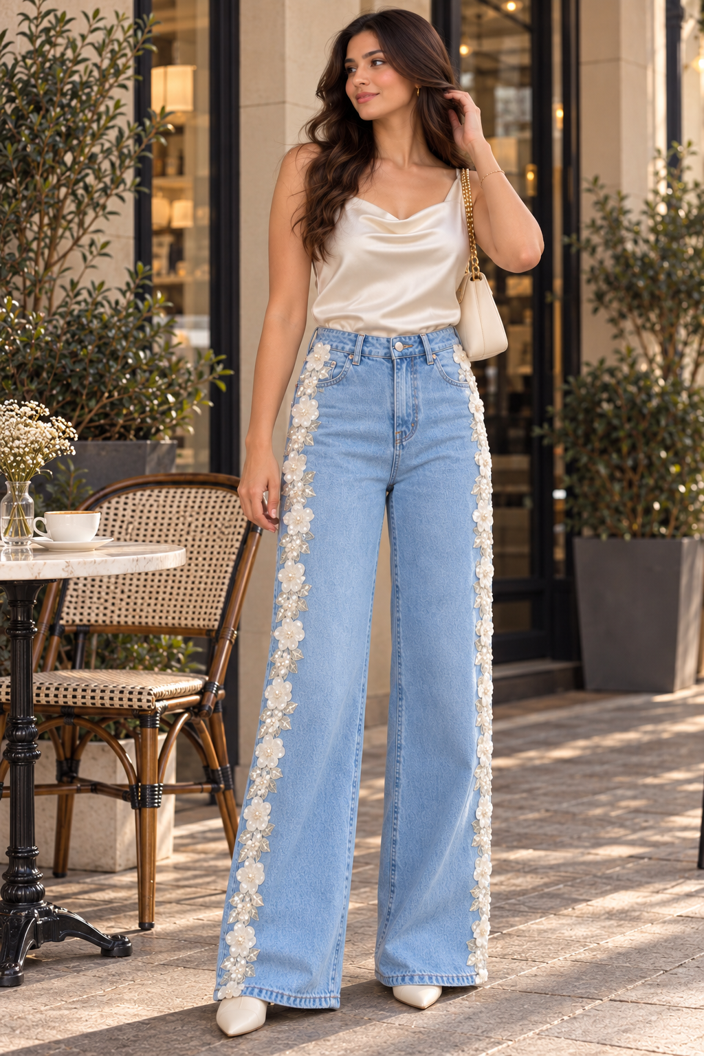 (Limited Edition) Roseťte - Sequinned Lace Jeans - Ice Blue