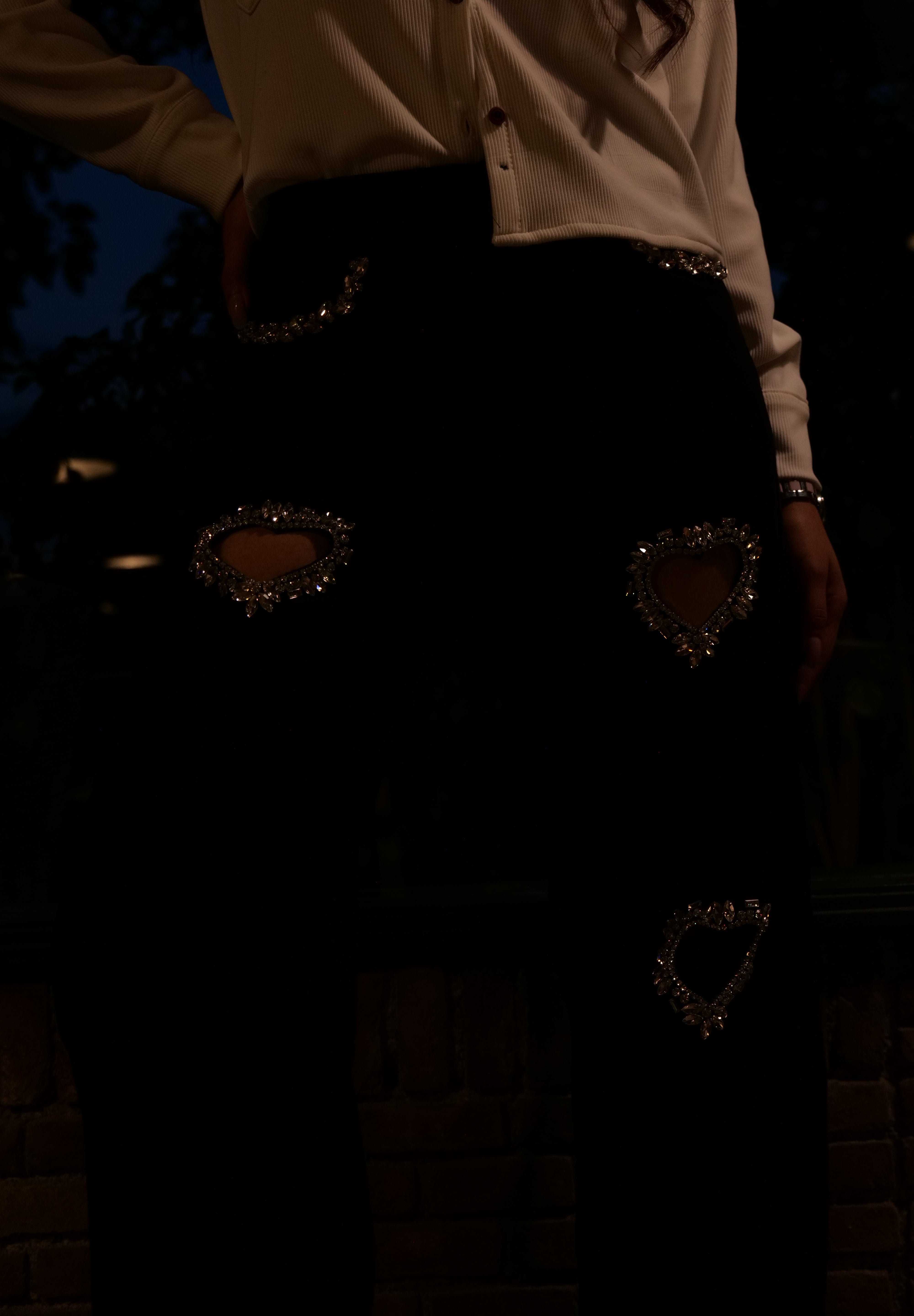 Black Heart - Rhinestone Embellished Cut Out Jeans - Black