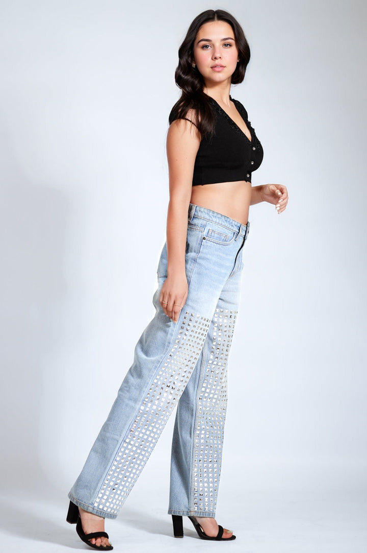 Studded Wide Leg Jeans - Ice Blue