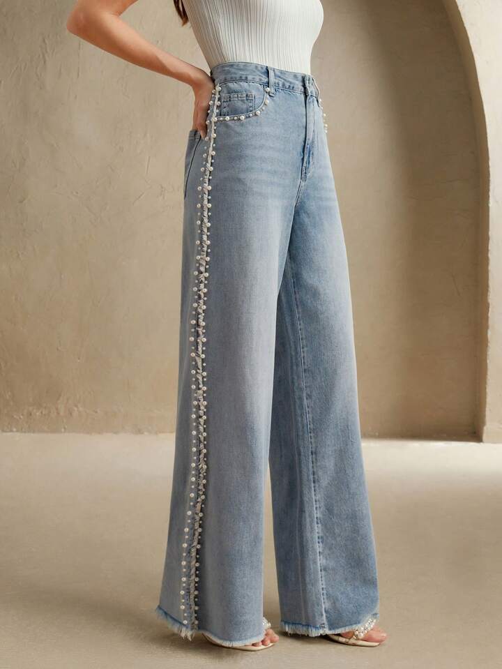 Lea - Pearl Embellished Wide Leg Jeans - Ice Blue