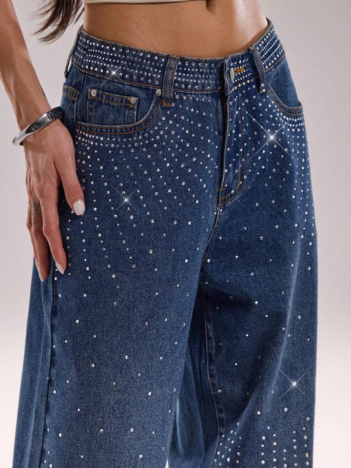 Hailey - Rhinestone Embellished Wide Leg Jeans - Dark Blue
