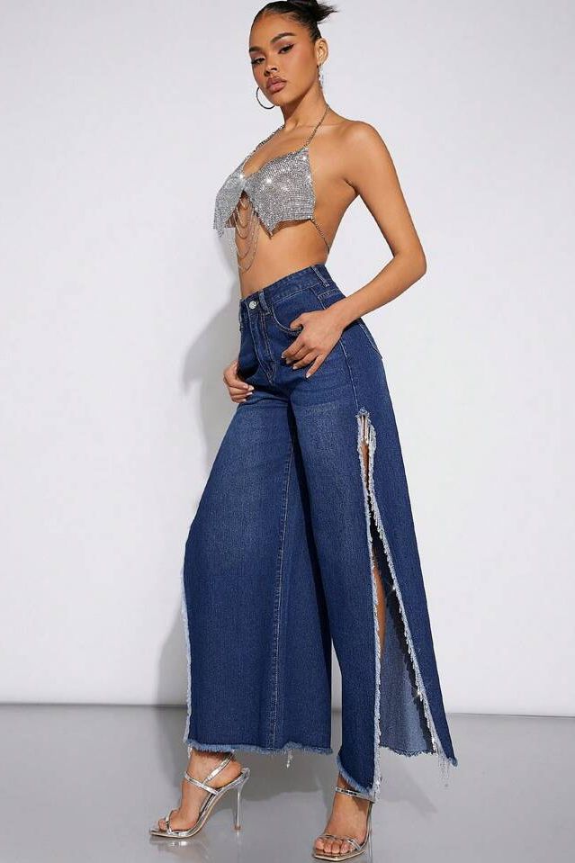 Aurora - High Rise Side Slit Tassel Jeans - Midnight Blue