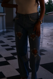 Cupid’s Charm - Rhinestone Embellished Cut Out Jeans - IceBlue