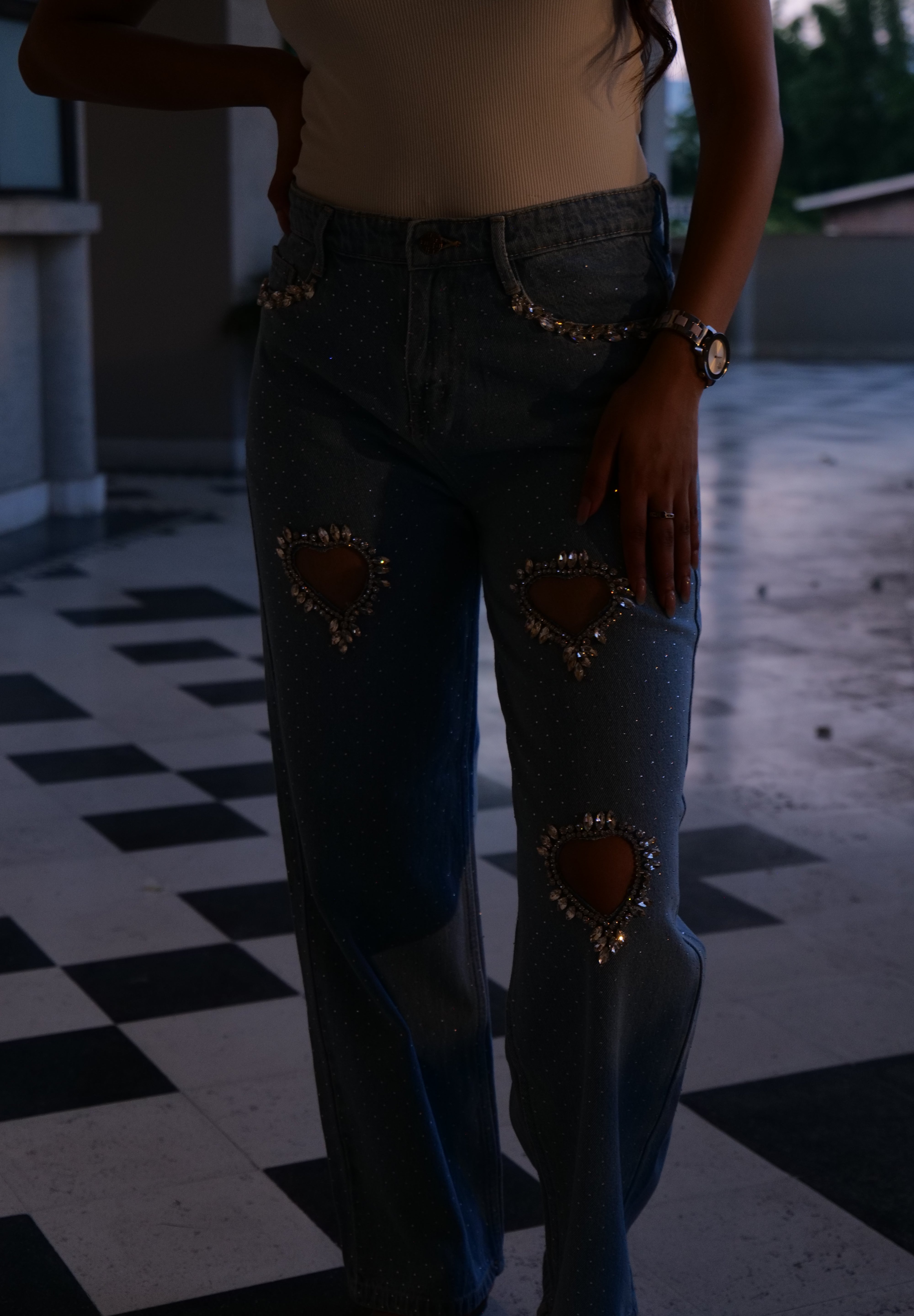 Cupid’s Charm - Rhinestone Embellished Cut Out Jeans - IceBlue