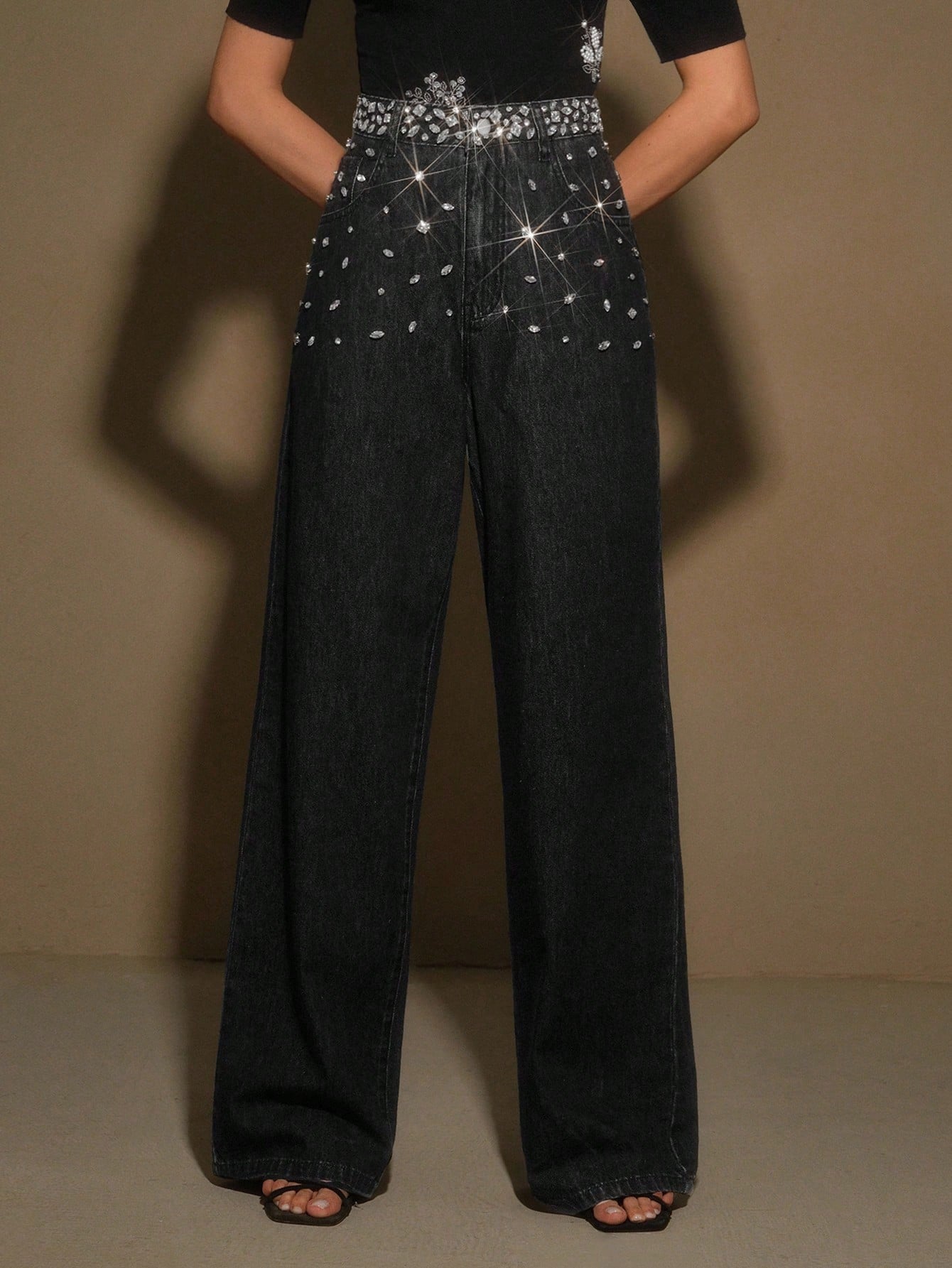 Black Dazzle Band - Rhinestone Embellished Wide Leg Jeans