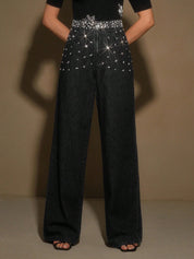 Black Dazzle Band - Rhinestone Embellished Wide Leg Jeans