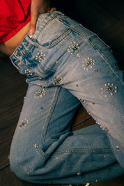 Dazie - Rhinestone Embellished Wide Leg Jeans