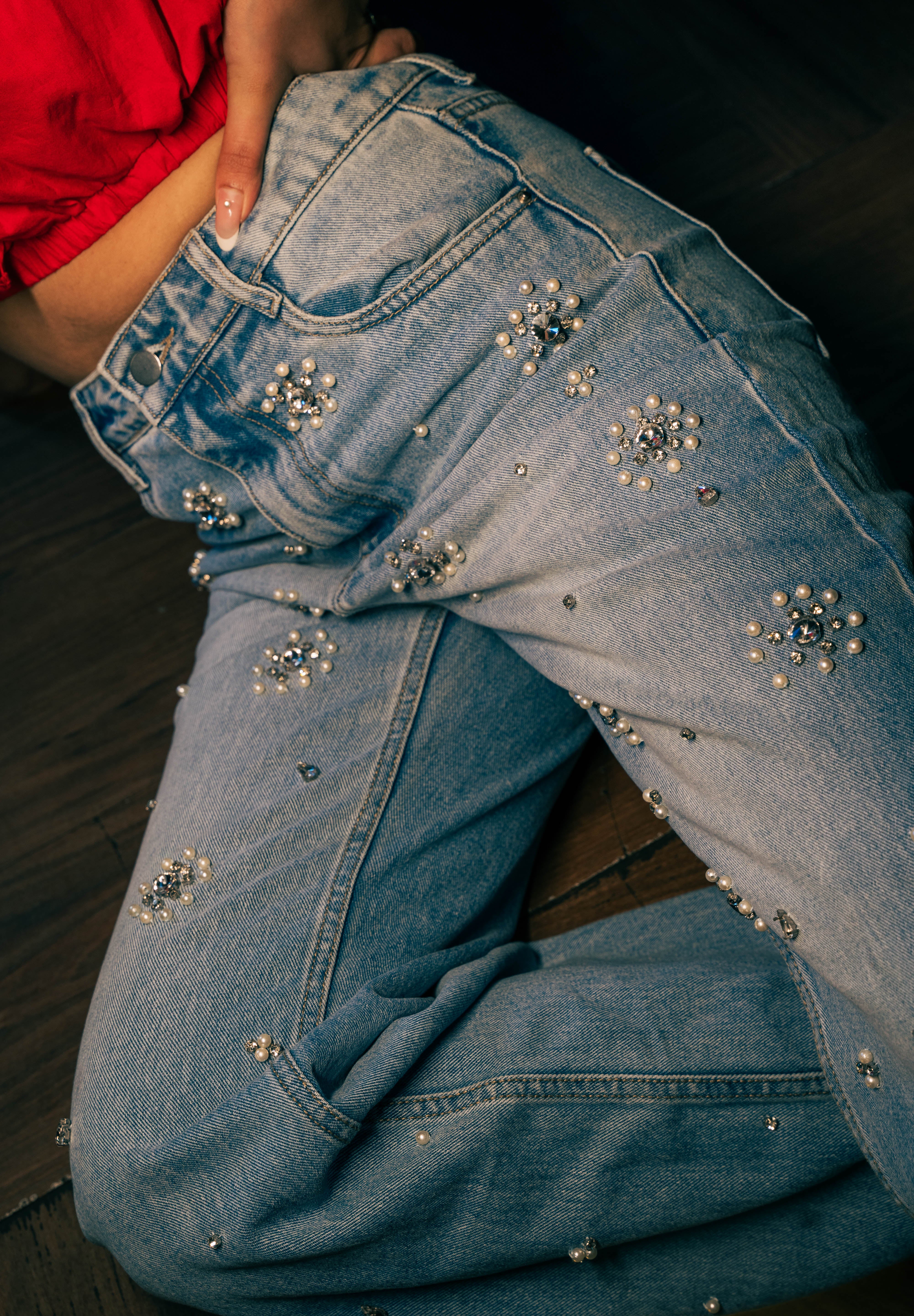 Dazie - Rhinestone Embellished Wide Leg Jeans