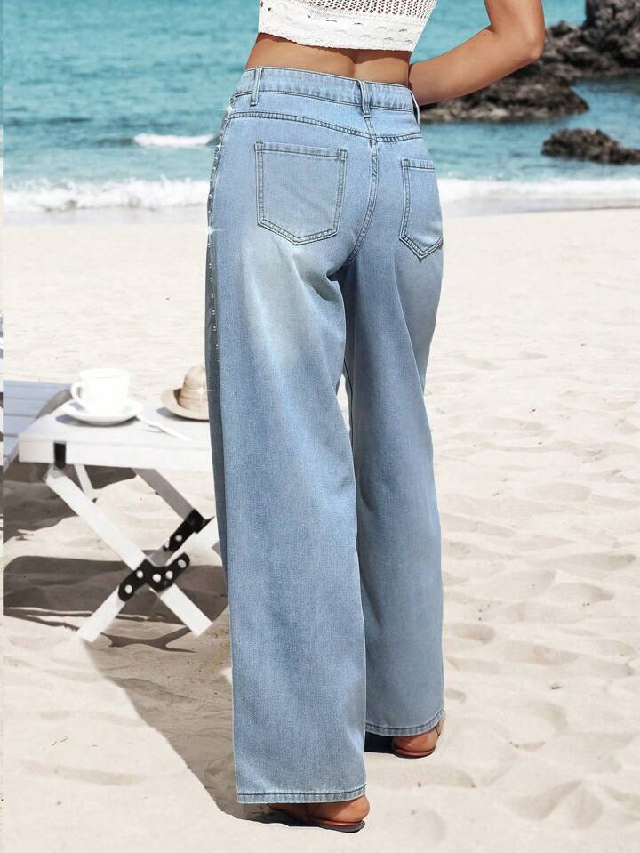 Samantha - Rhinestone Embellished Wide Leg Jeans - Ice Blue