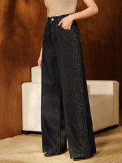 Black Diamond Mist - Rhinestone Embellished Wide Leg Jeans