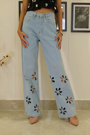 Aster - Rhinestone Embellished Cut Out Jeans - Ice Blue