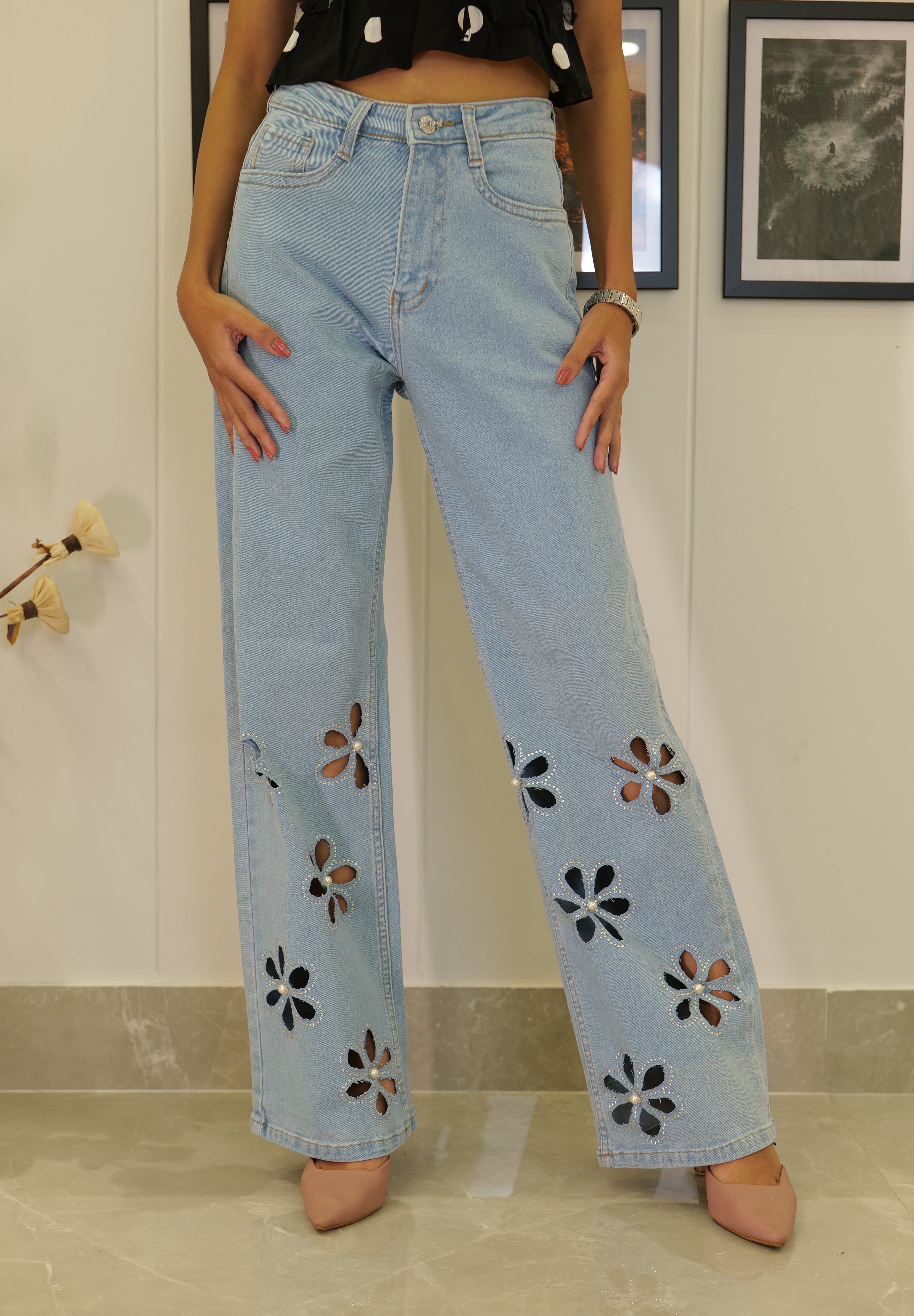 Aster - Rhinestone Embellished Cut Out Jeans - Ice Blue