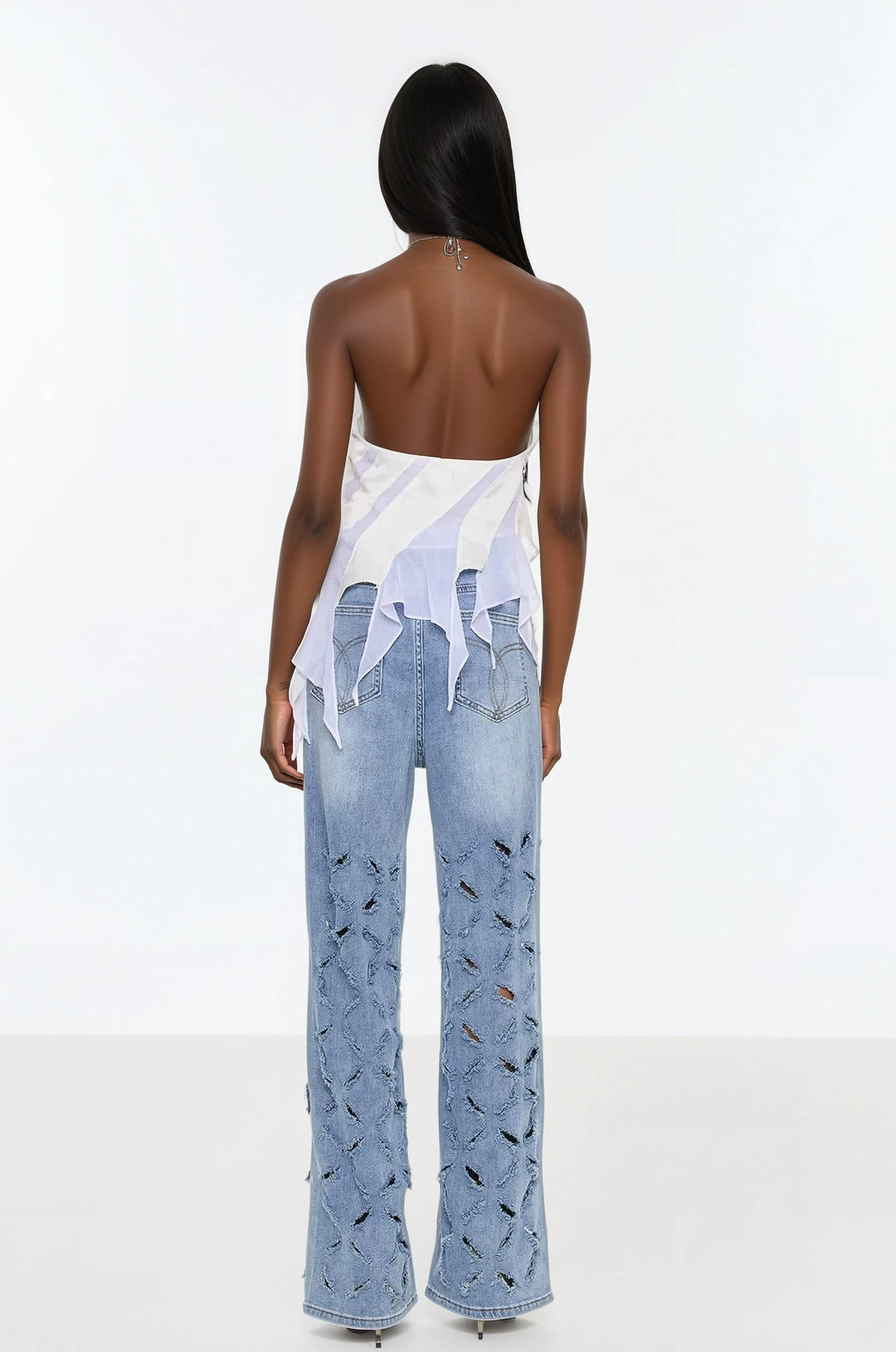 Rhinestone Embellished Wide Leg Jeans - Diana