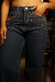 Tanya - Rhinestone Embellished Wide Leg Jeans - Dark Blue