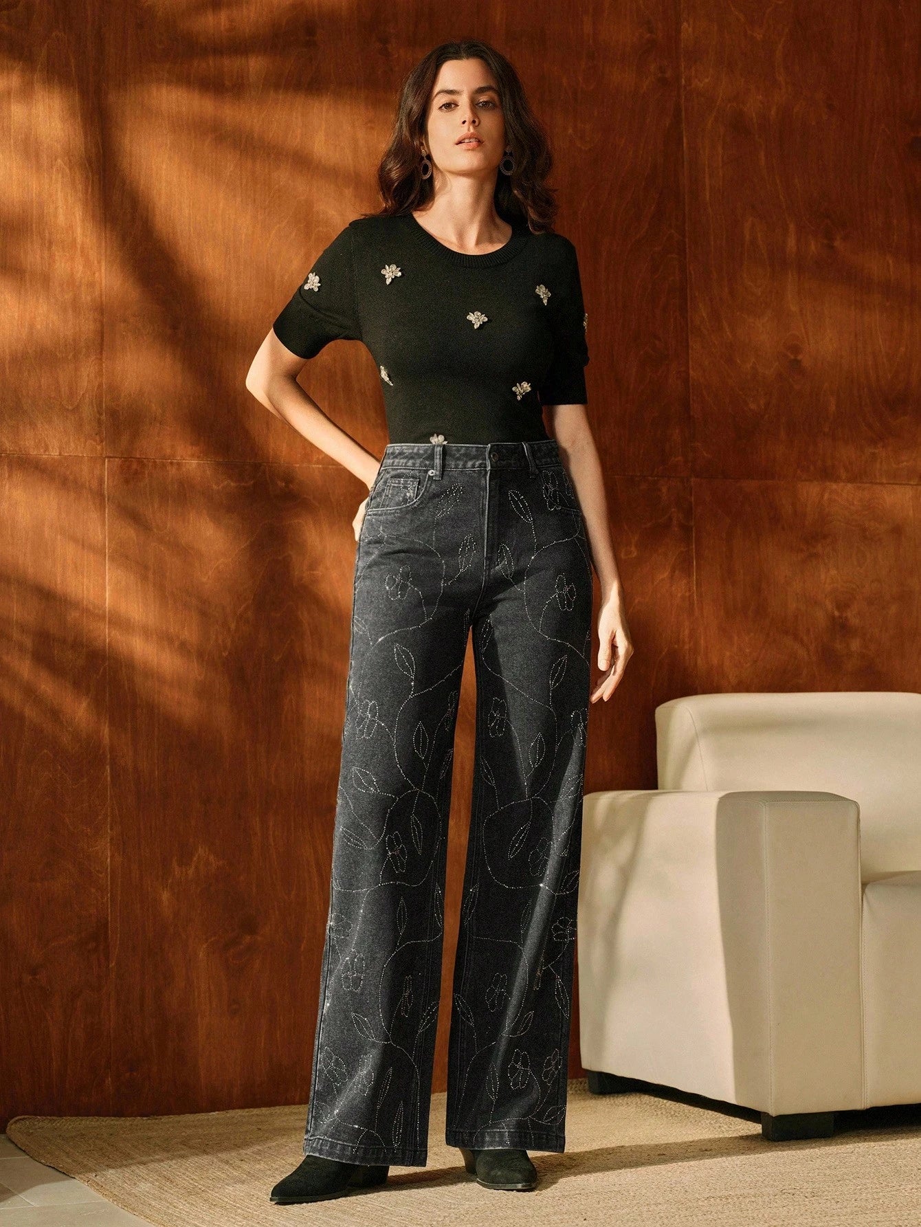 Nancy - Rhinestone Embellished Wide Leg Jeans - Black