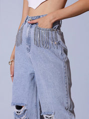 Sparkle Drip  - Distressed Rhinestone Embellished Wide Leg Jeans - Ice Blue