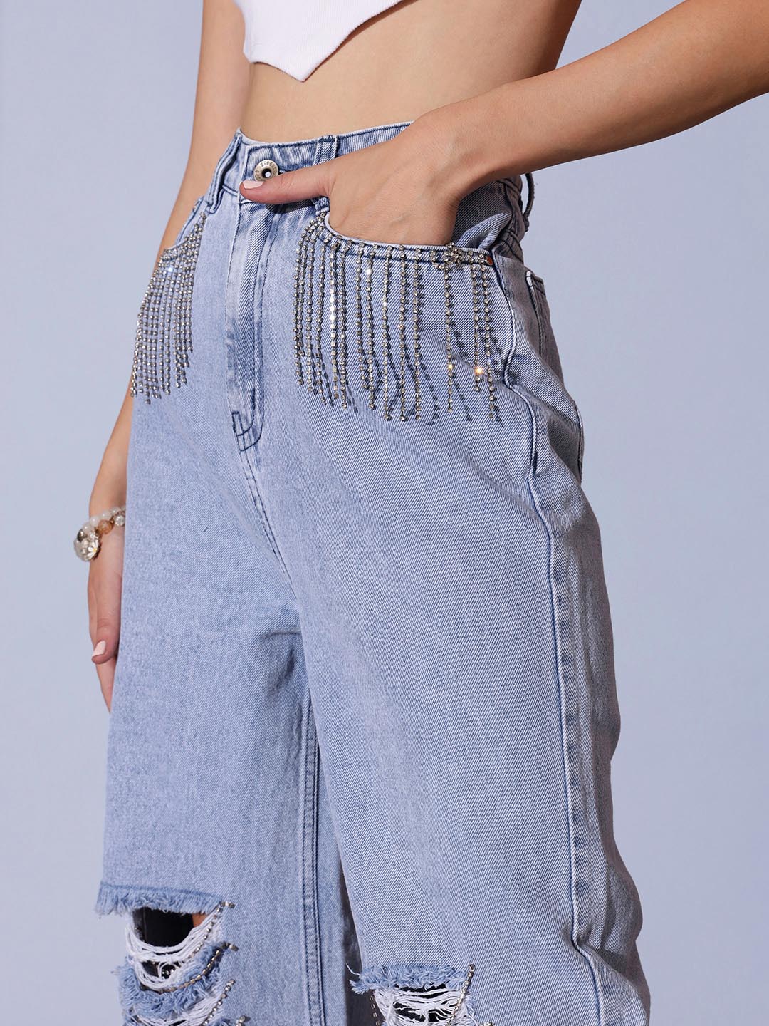 Sparkle Drip  - Distressed Rhinestone Embellished Wide Leg Jeans - Ice Blue