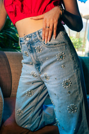 Dazie - Rhinestone Embellished Wide Leg Jeans