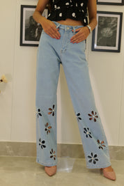 Aster - Rhinestone Embellished Cut Out Jeans - Ice Blue