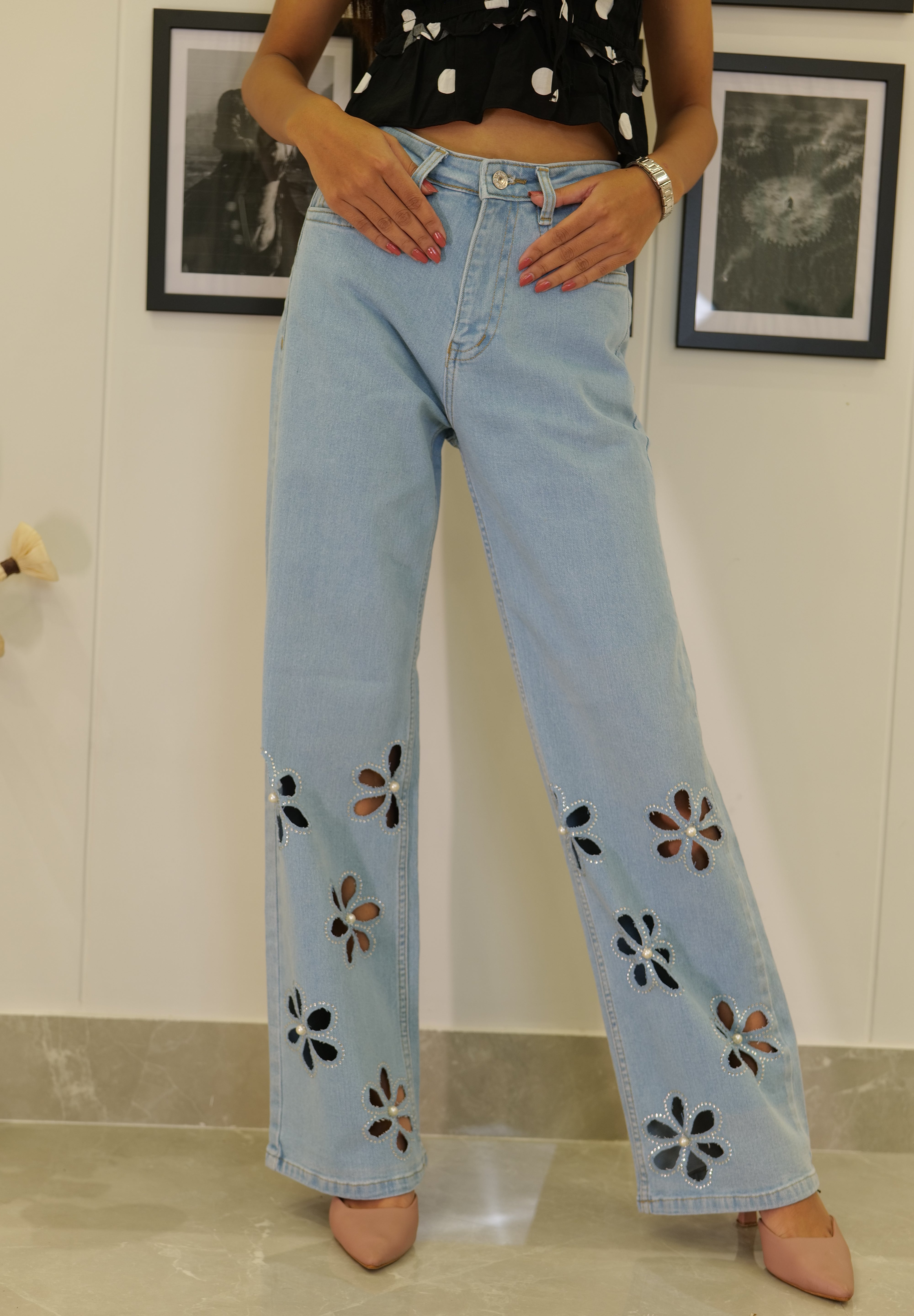 Aster - Rhinestone Embellished Cut Out Jeans - Ice Blue