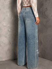 Nikki - Rhinestone Embellished Wide Leg Jeans - Ice Blue