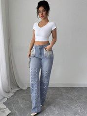 Rhinestone Embellished Wide Leg Jeans - Diana