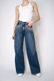 Midnight Glam - Rhinestone Embellished Wide Leg Jeans