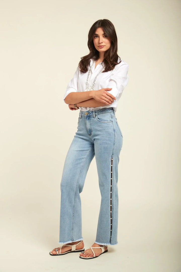 Pearl Slit Wide Leg Jeans - Ice Blue