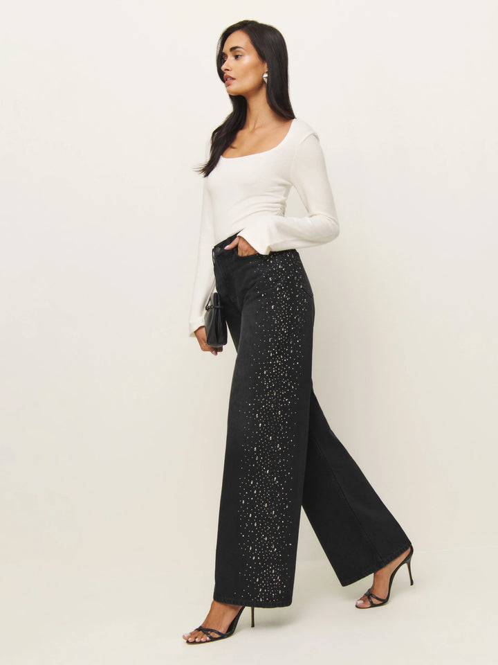 Celeste Noir - High Rise Rhinestone Embellished Wide Leg Flared Jeans