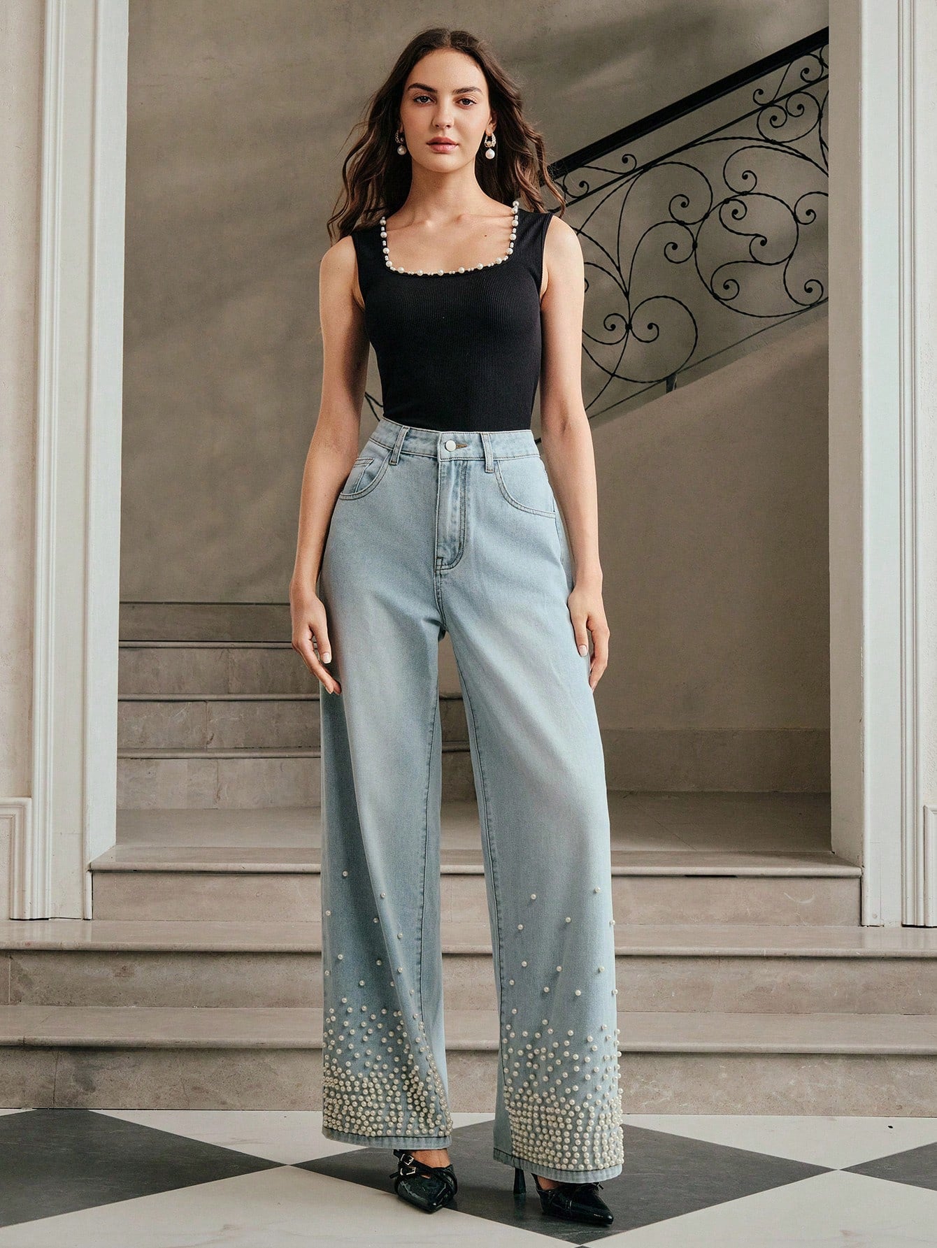 Alina - Pearl Embellished Wide Leg Jeans - Ice Blue