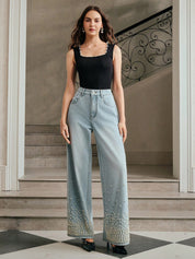 Alina - Pearl Embellished Wide Leg Jeans - Ice Blue