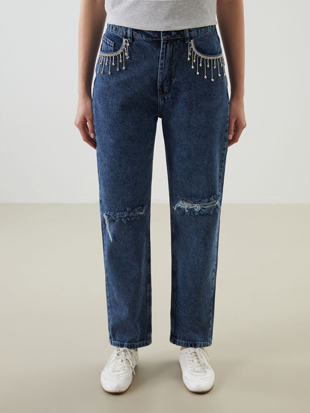 Crystal Drip - Rhinestone Embellished Wide Leg Jeans - Ice Blue