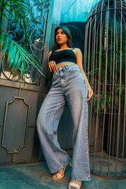Samantha - Rhinestone Embellished Wide Leg Jeans - Ice Blue
