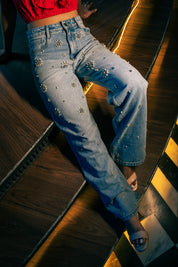 Dazie - Rhinestone Embellished Wide Leg Jeans