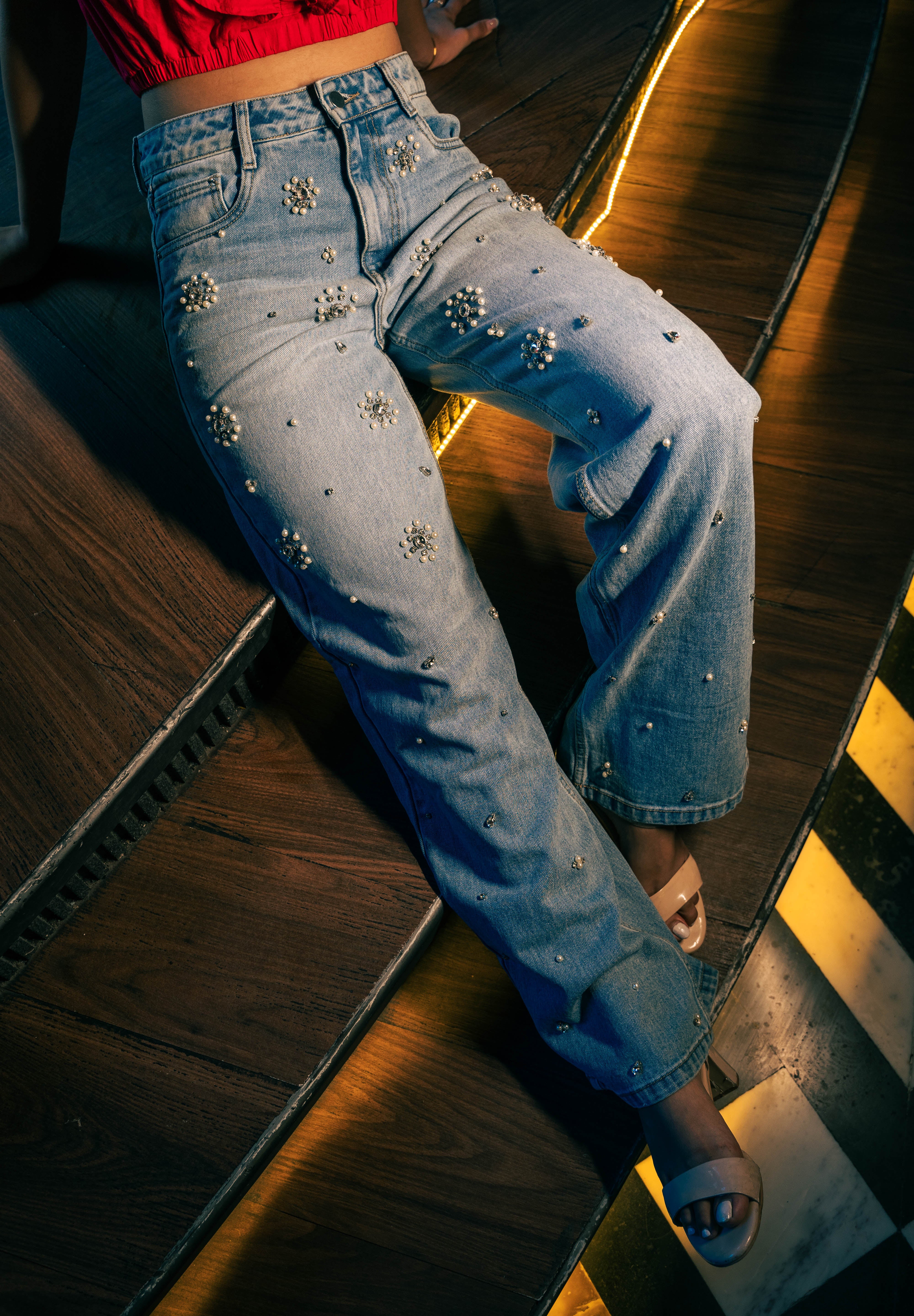 Dazie - Rhinestone Embellished Wide Leg Jeans