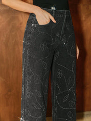 Nancy - Rhinestone Embellished Wide Leg Jeans - Black