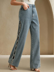 Ophelia - Pearl Embellished Wide Leg Jeans - Ice Blue