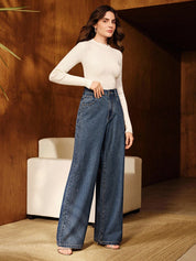 Diamond Mist - Rhinestone Embellished Wide Leg Jeans - Dark Blue