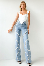 Rhinestone Embellished Wide Leg Jeans - Athena