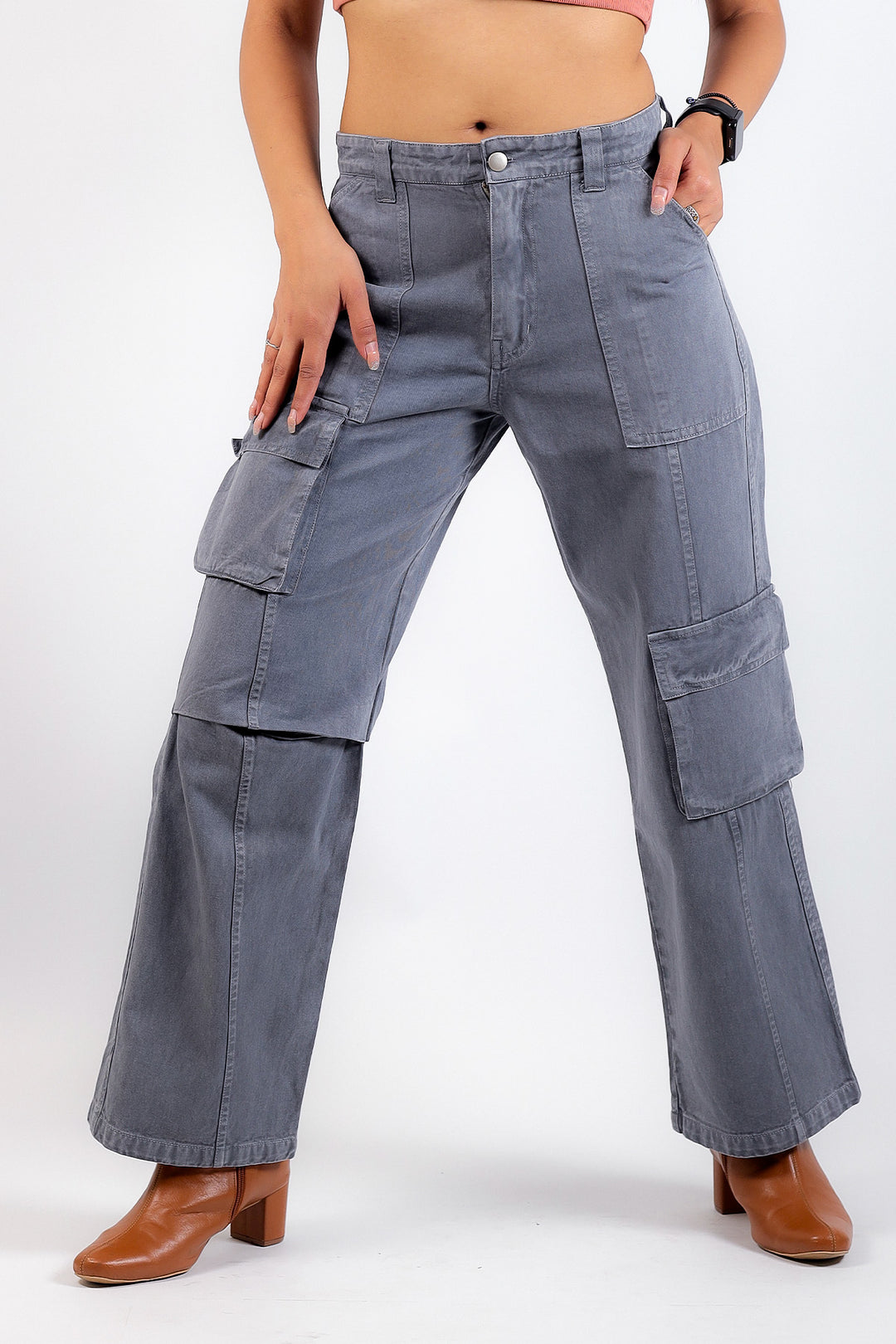 High-Rise Cargo Jeans Grey Women
