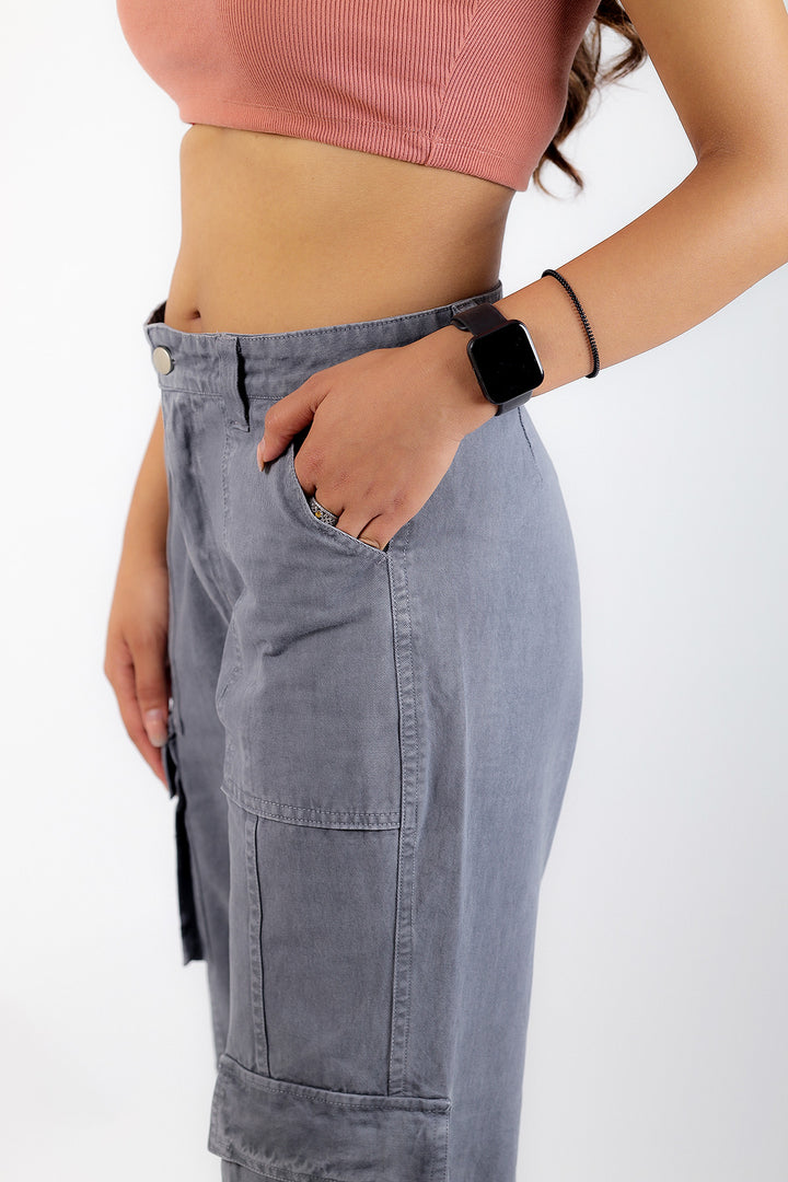 Women's Grey Cargo Jeans High-Rise