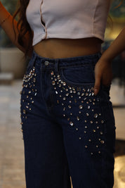 Tanya - Rhinestone Embellished Wide Leg Jeans - Dark Blue