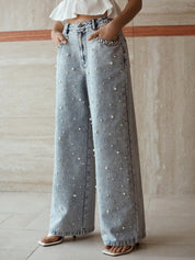 Garden of Light - Pearl Embellished Wide Leg Jeans - Ice Blue