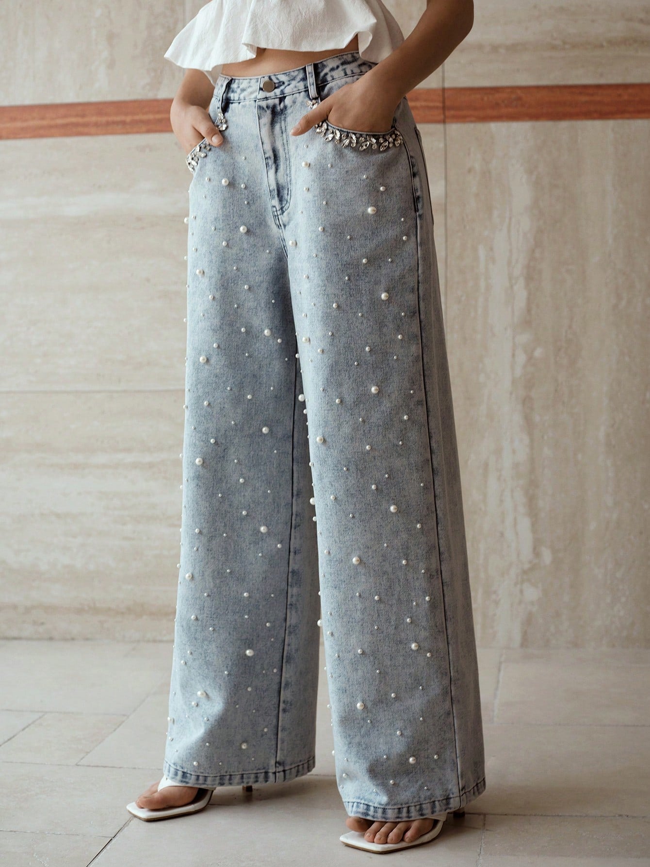 Garden of Light - Pearl Embellished Wide Leg Jeans - Ice Blue