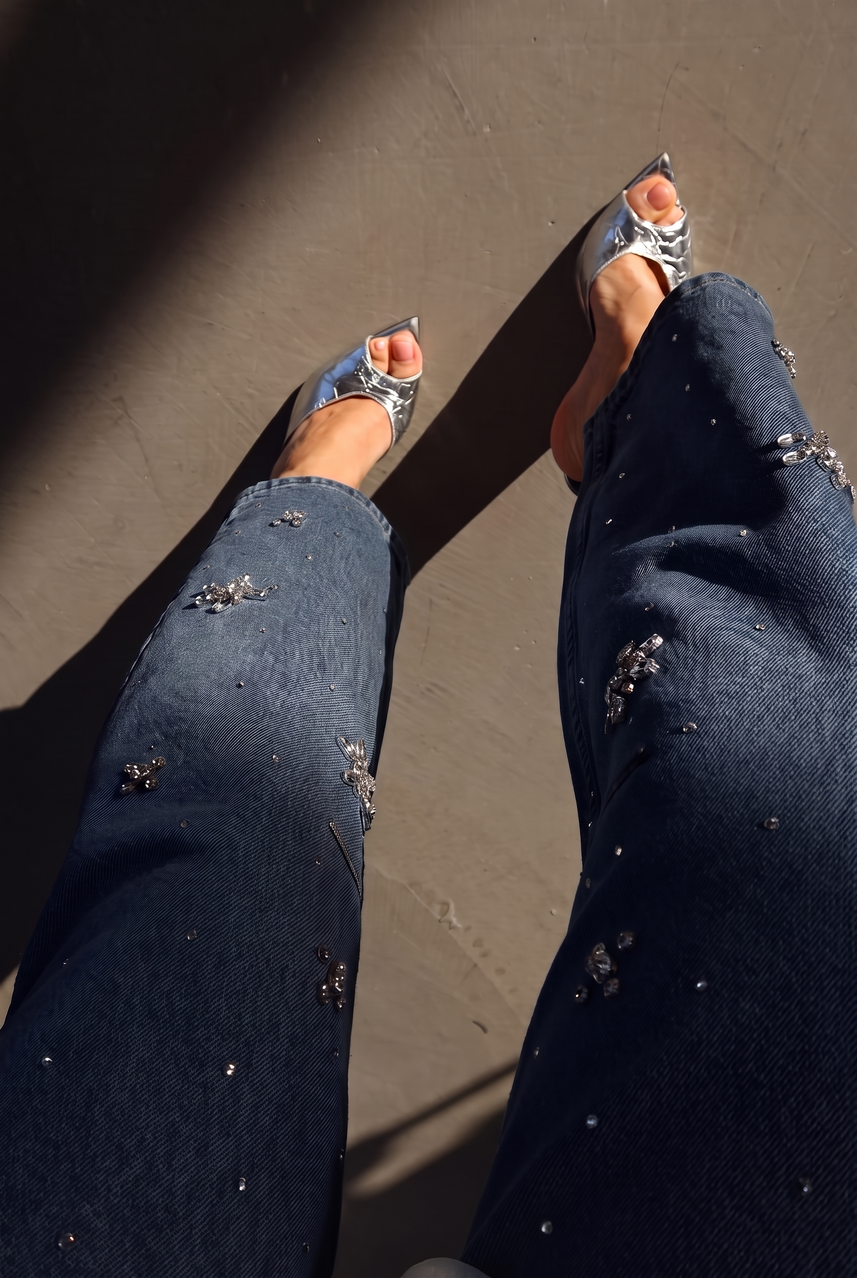 Moonflower - Rhinestone Embellished Jeans - Dark Blue