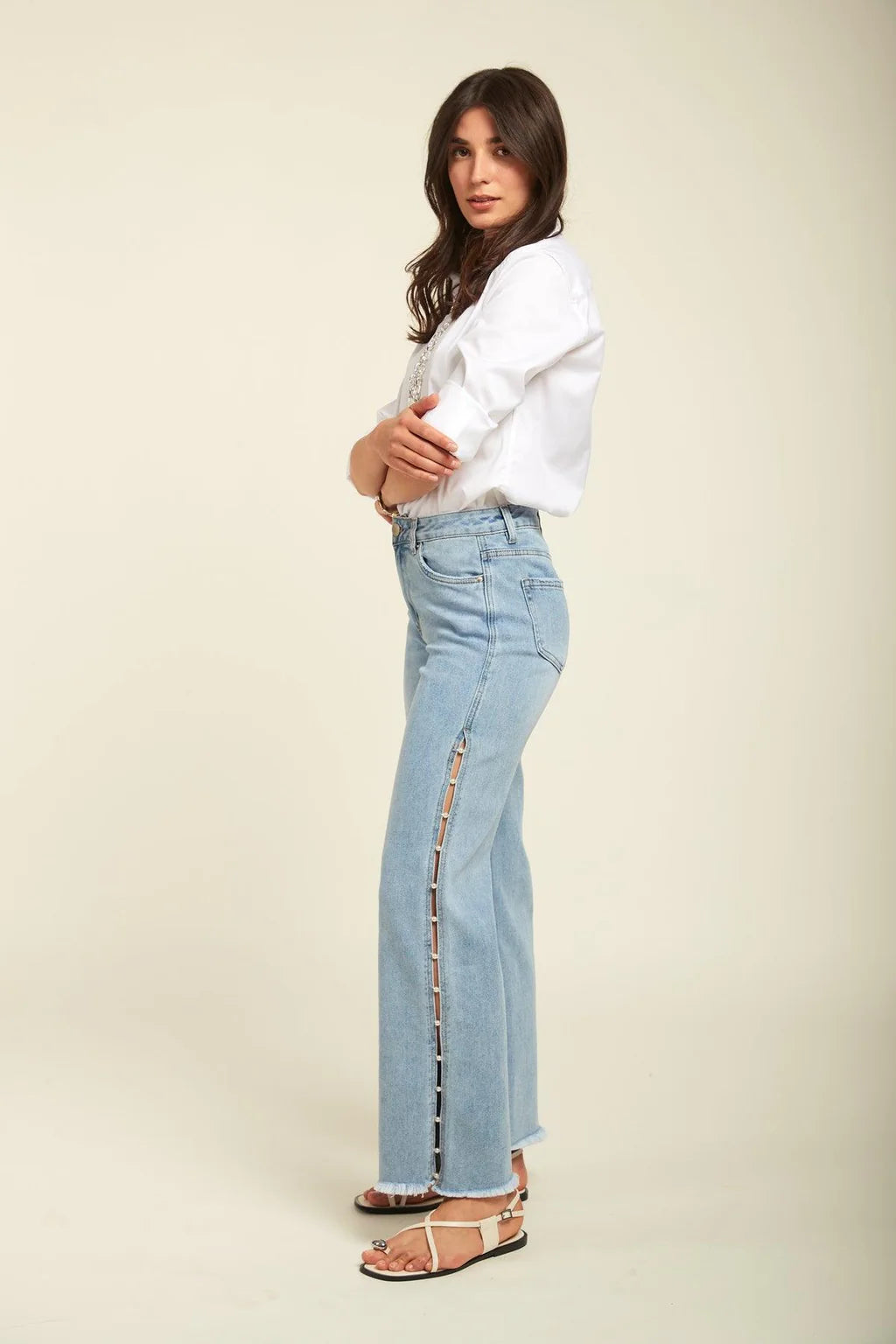 Pearl Slit Wide Leg Jeans - Ice Blue