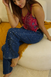 Meher - Rhinestone Embellished Jeans - Dark Blue