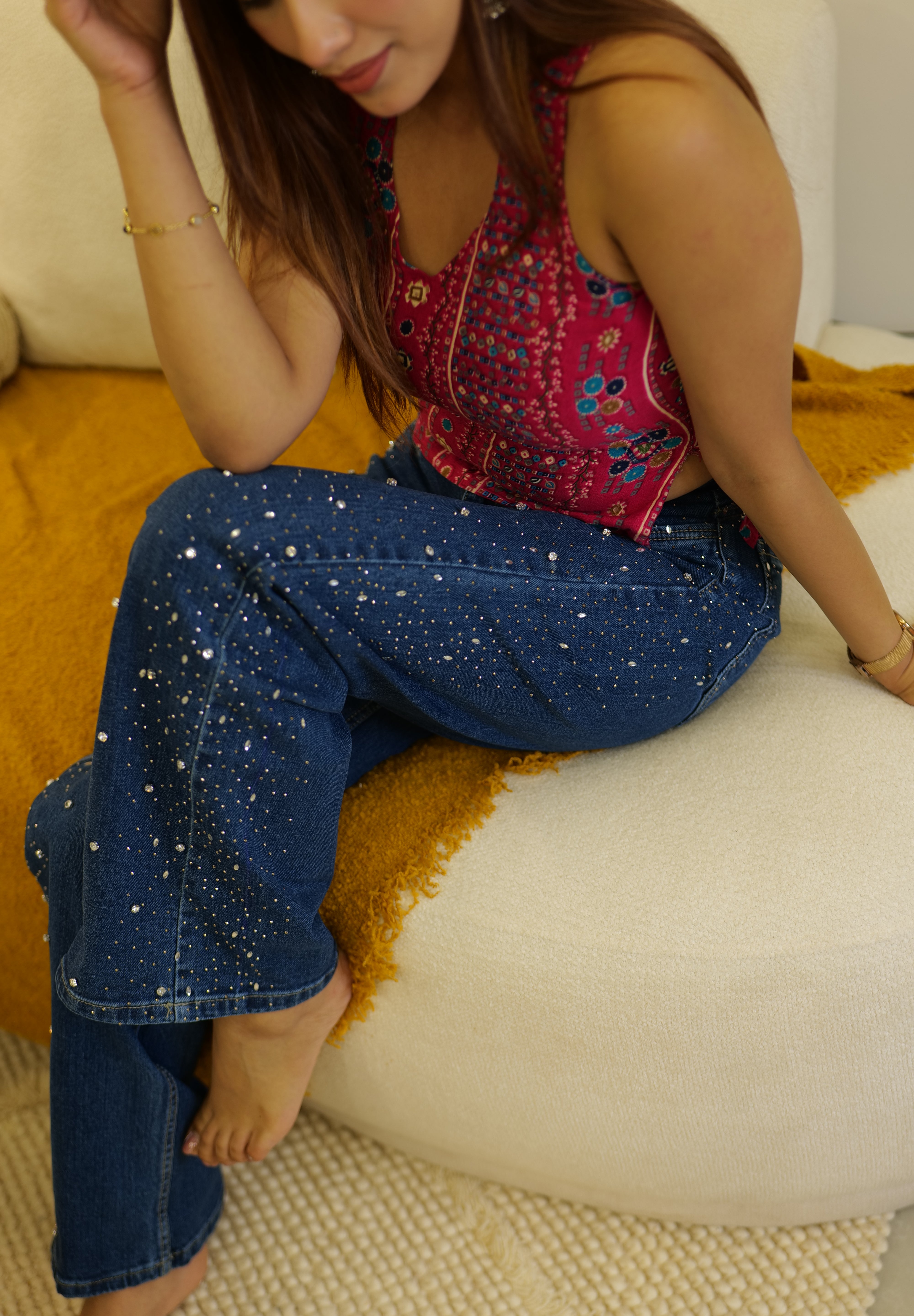 Meher - Rhinestone Embellished Jeans - Dark Blue