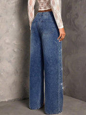 Hailey - Rhinestone Embellished Wide Leg Jeans - Dark Blue