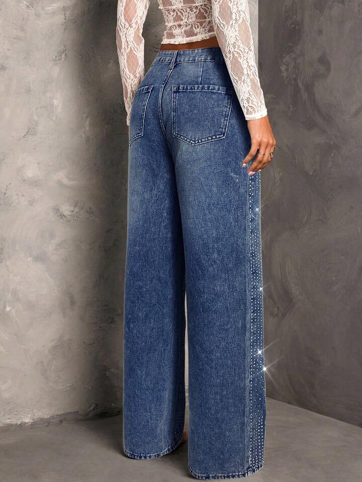 Hailey - Rhinestone Embellished Wide Leg Jeans - Dark Blue